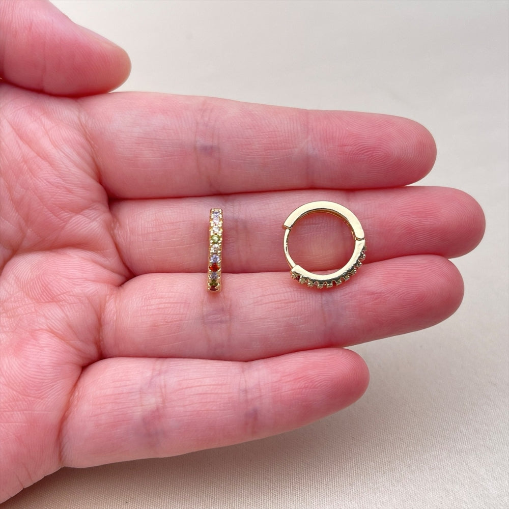 Oro Laminado Huggie Hoop, Gold Filled Style with Multicolor Cubic Zirconia, Polished, Golden Finish