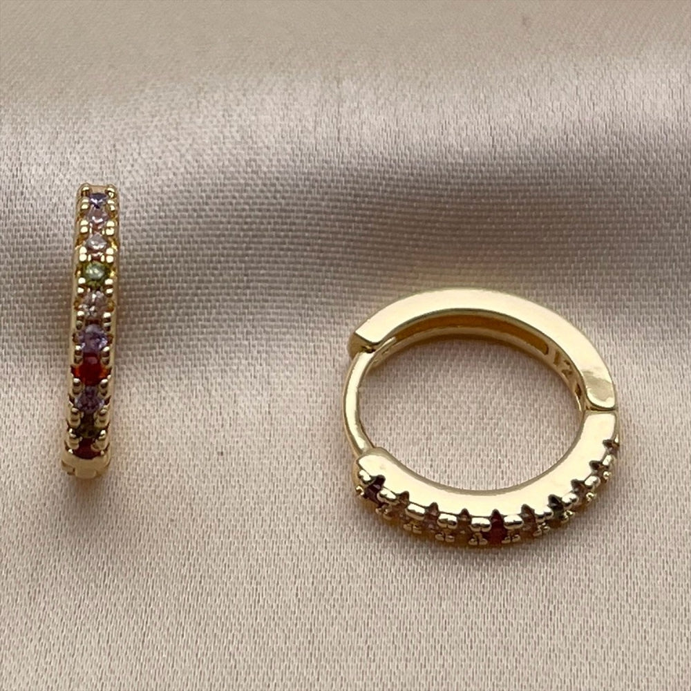 Oro Laminado Huggie Hoop, Gold Filled Style with Multicolor Cubic Zirconia, Polished, Golden Finish
