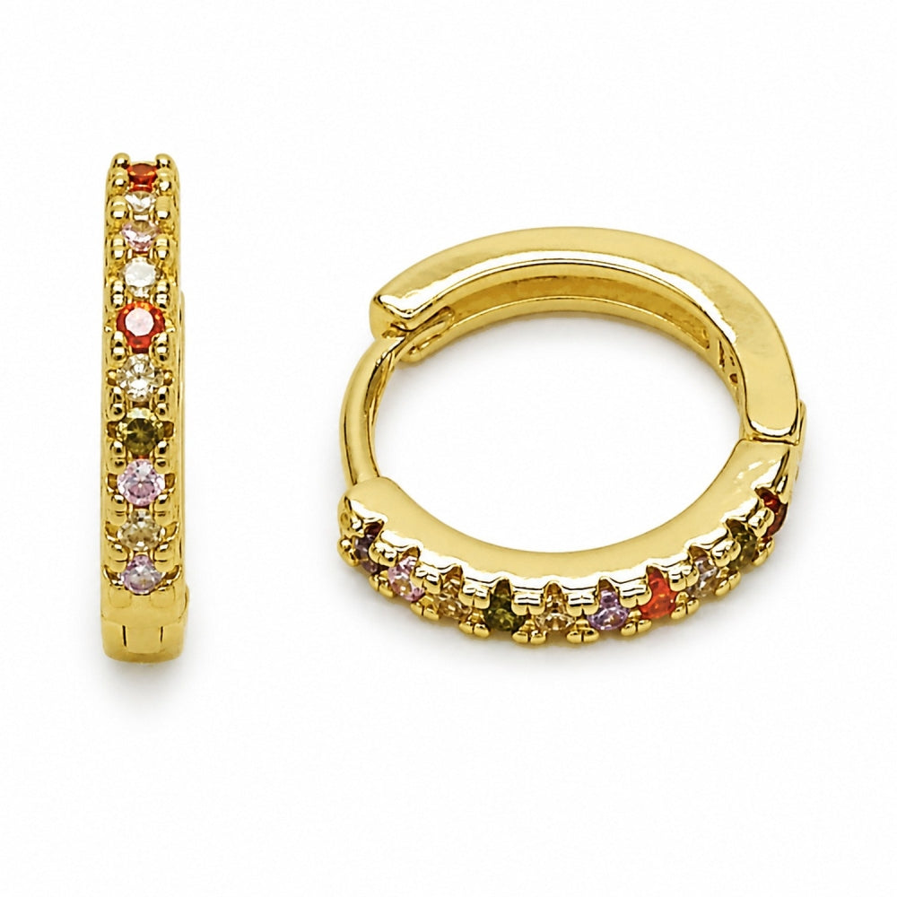 Oro Laminado Huggie Hoop, Gold Filled Style with Multicolor Cubic Zirconia, Polished, Golden Finish