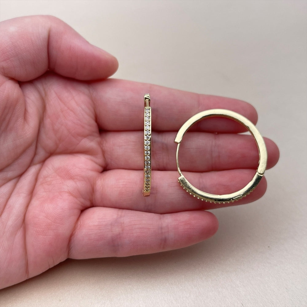 Oro Laminado Huggie Hoop, Gold Filled Style with White Micro Pave, Polished, Golden Finish