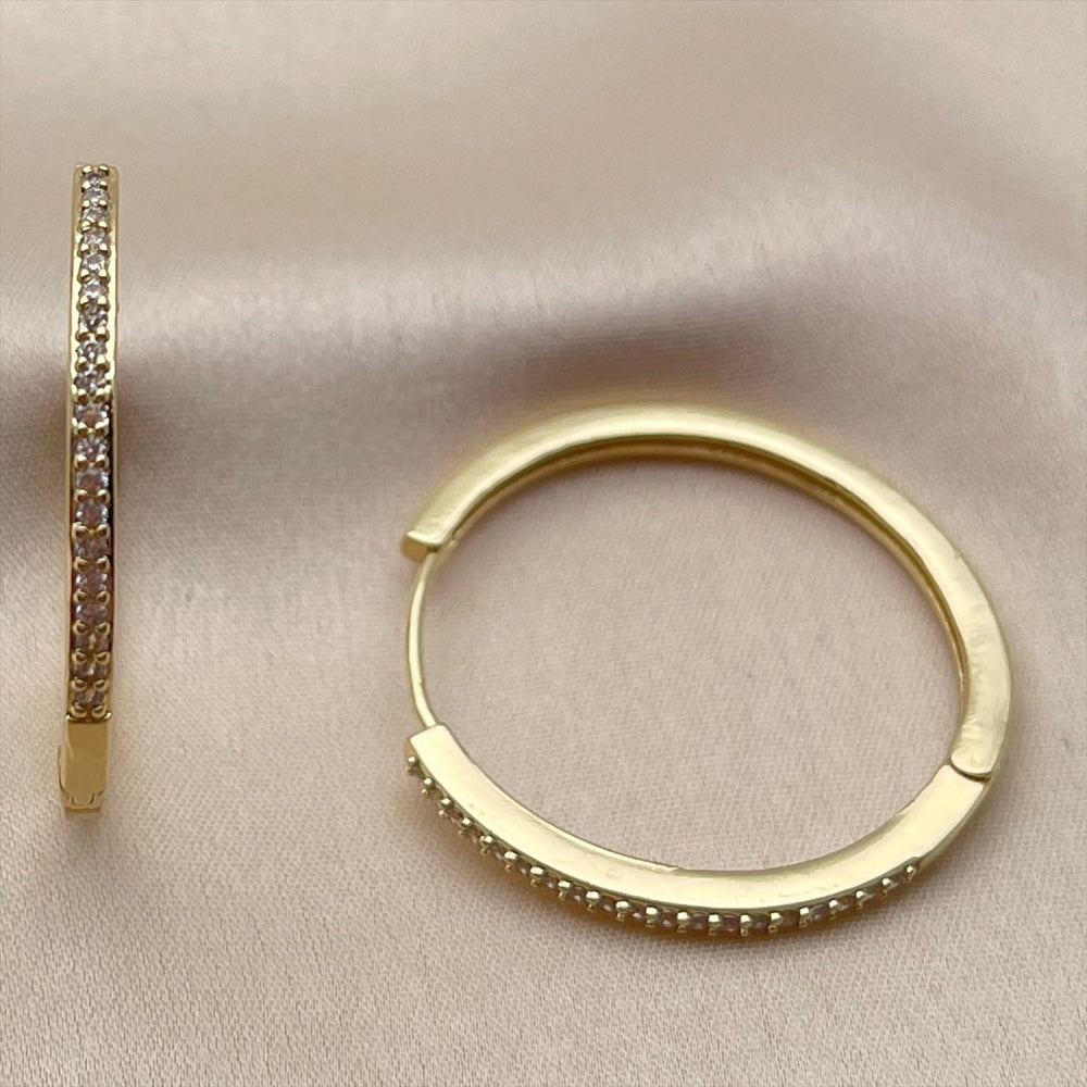 Oro Laminado Huggie Hoop, Gold Filled Style with White Micro Pave, Polished, Golden Finish