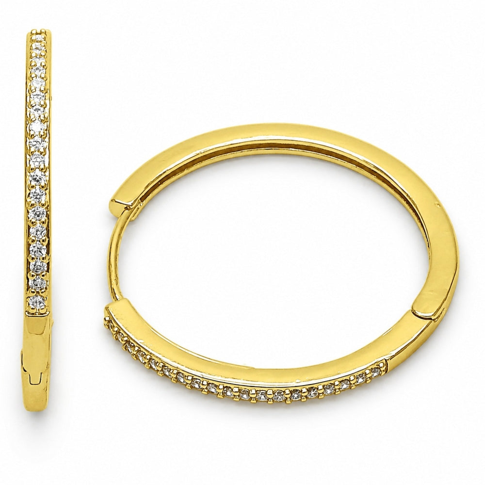 Oro Laminado Huggie Hoop, Gold Filled Style with White Micro Pave, Polished, Golden Finish