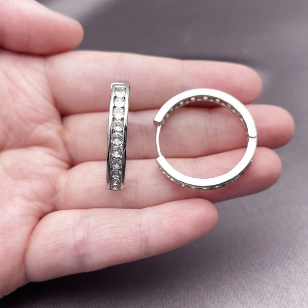 Rhodium Gold Filled Huggie Hoop, with White Cubic Zirconia, Polished, Rhodium Finish