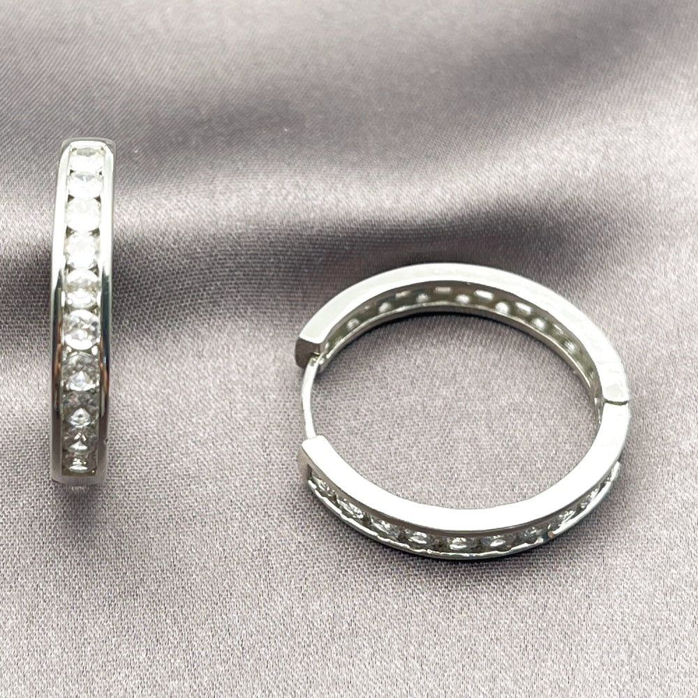 Rhodium Gold Filled Huggie Hoop, with White Cubic Zirconia, Polished, Rhodium Finish