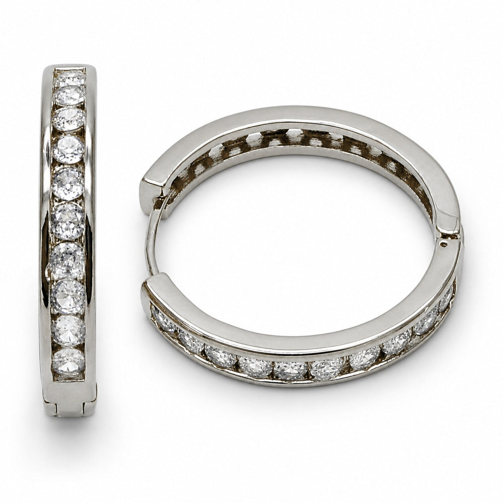 Rhodium Gold Filled Huggie Hoop, with White Cubic Zirconia, Polished, Rhodium Finish