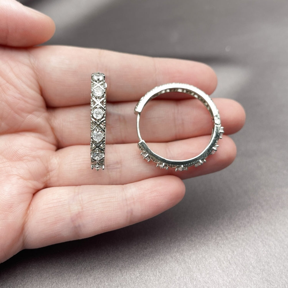Rhodium Gold Filled Huggie Hoop, with White Cubic Zirconia, Polished, Rhodium Finish