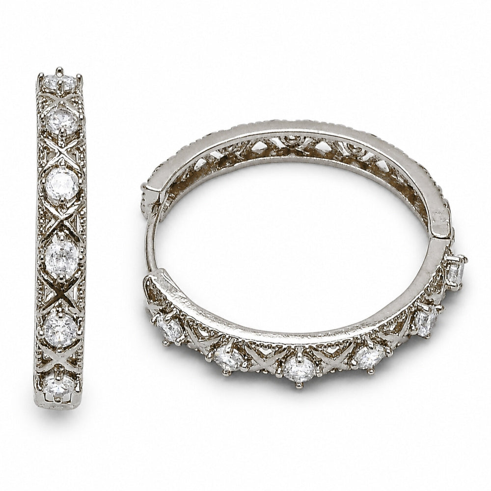 Rhodium Gold Filled Huggie Hoop, with White Cubic Zirconia, Polished, Rhodium Finish