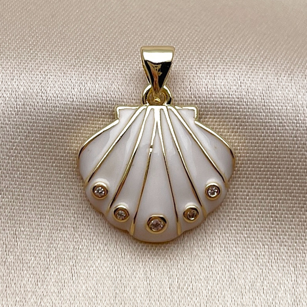 Oro Laminado Fancy Pendant, Gold Filled Style Shell Design, with White Cubic Zirconia, White Enamel Finish, Golden Finish