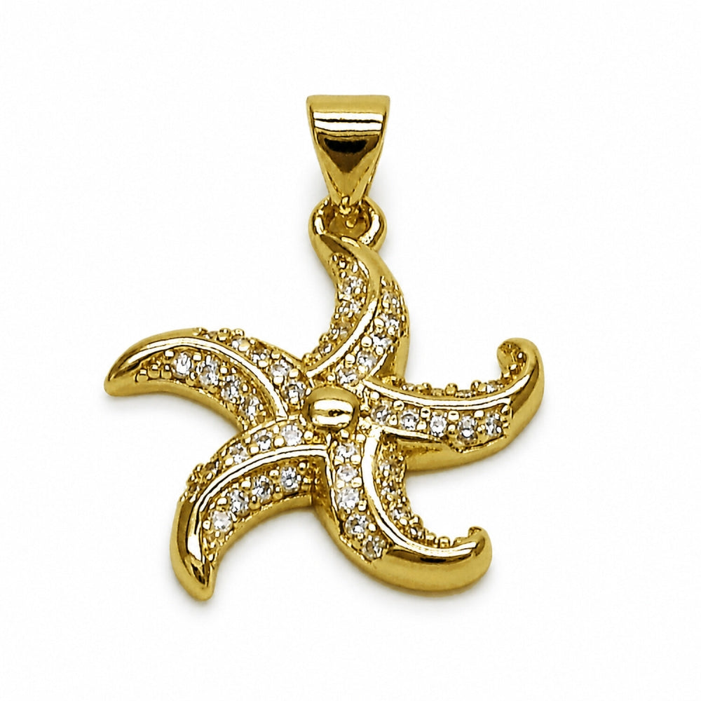 Oro Laminado Fancy Pendant, Gold Filled Style Fish and Star Design, with White Micro Pave, Polished, Golden Finish