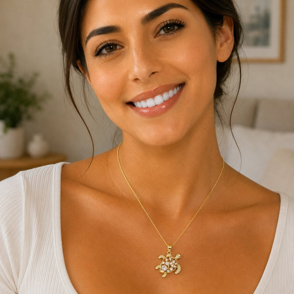 Oro Laminado Fancy Pendant, Gold Filled Style Turtle Design, with White Cubic Zirconia, Polished, Golden Finish