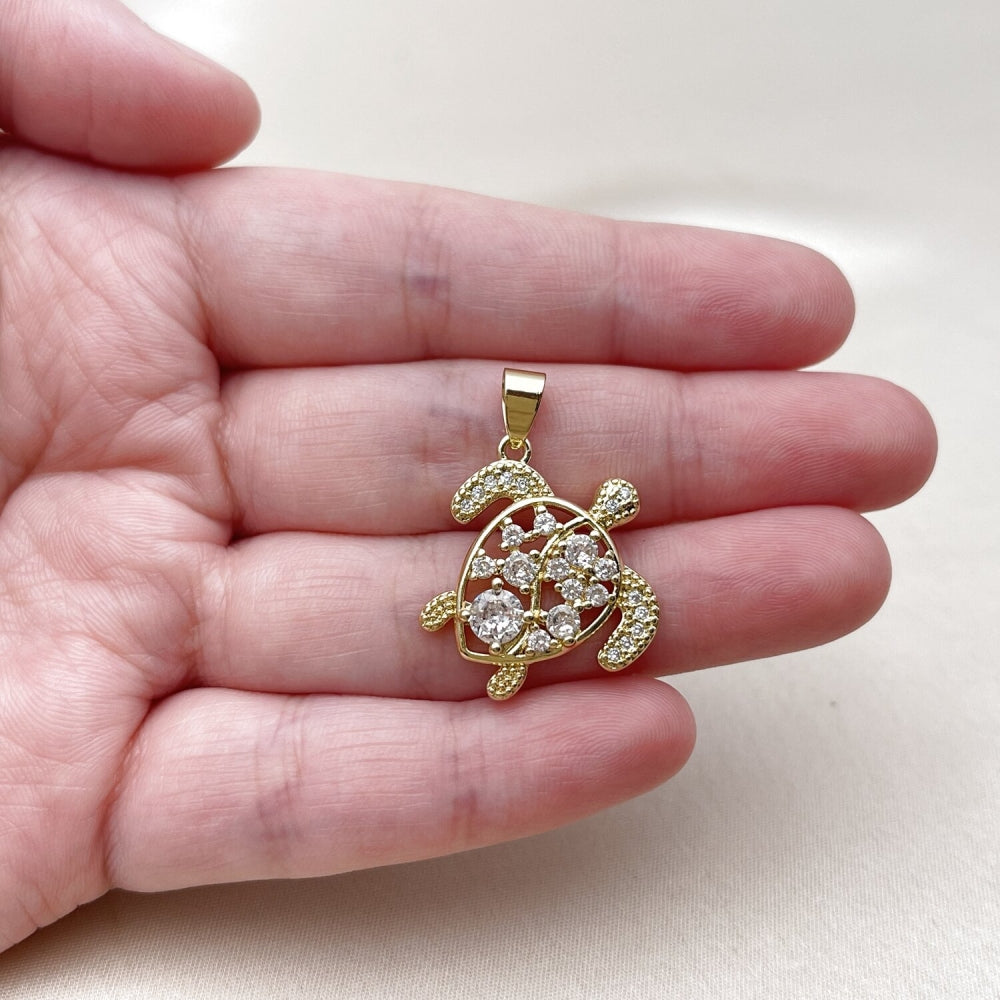 Oro Laminado Fancy Pendant, Gold Filled Style Turtle Design, with White Cubic Zirconia, Polished, Golden Finish