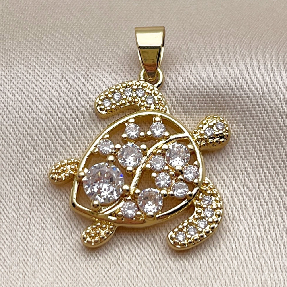 Oro Laminado Fancy Pendant, Gold Filled Style Turtle Design, with White Cubic Zirconia, Polished, Golden Finish