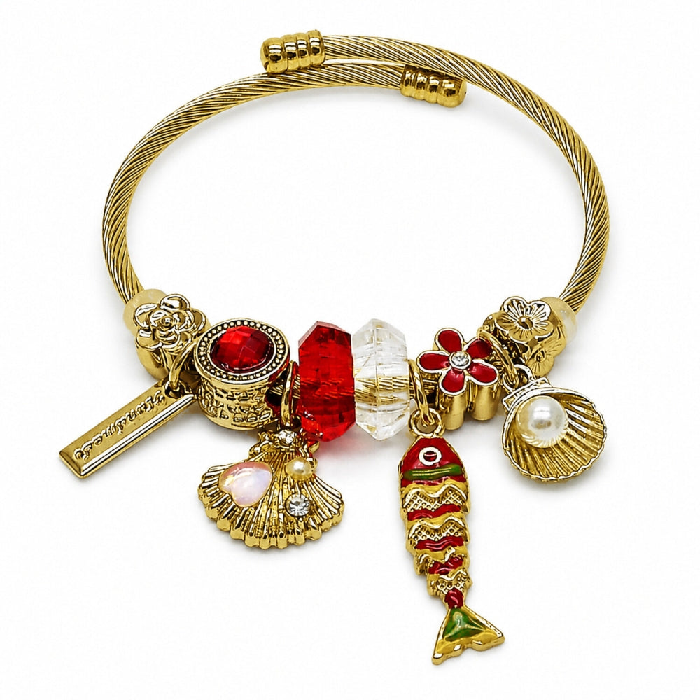 Stainless Steel Individual Bangle, Fish and Shell Design, with Siam and Crystal Crystal, Red Enamel Finish, Golden Finish