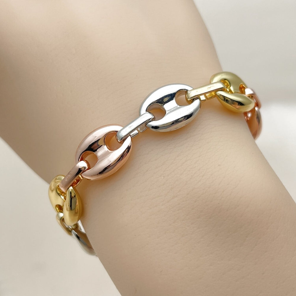 Oro Laminado Fancy Bracelet, Gold Filled Style Puff Mariner Design, Polished, Tricolor