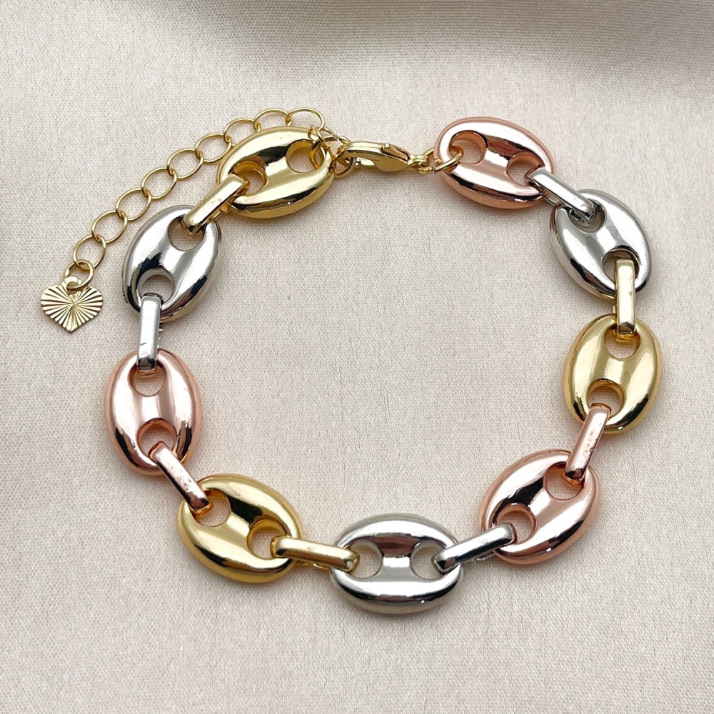 Oro Laminado Fancy Bracelet, Gold Filled Style Puff Mariner Design, Polished, Tricolor