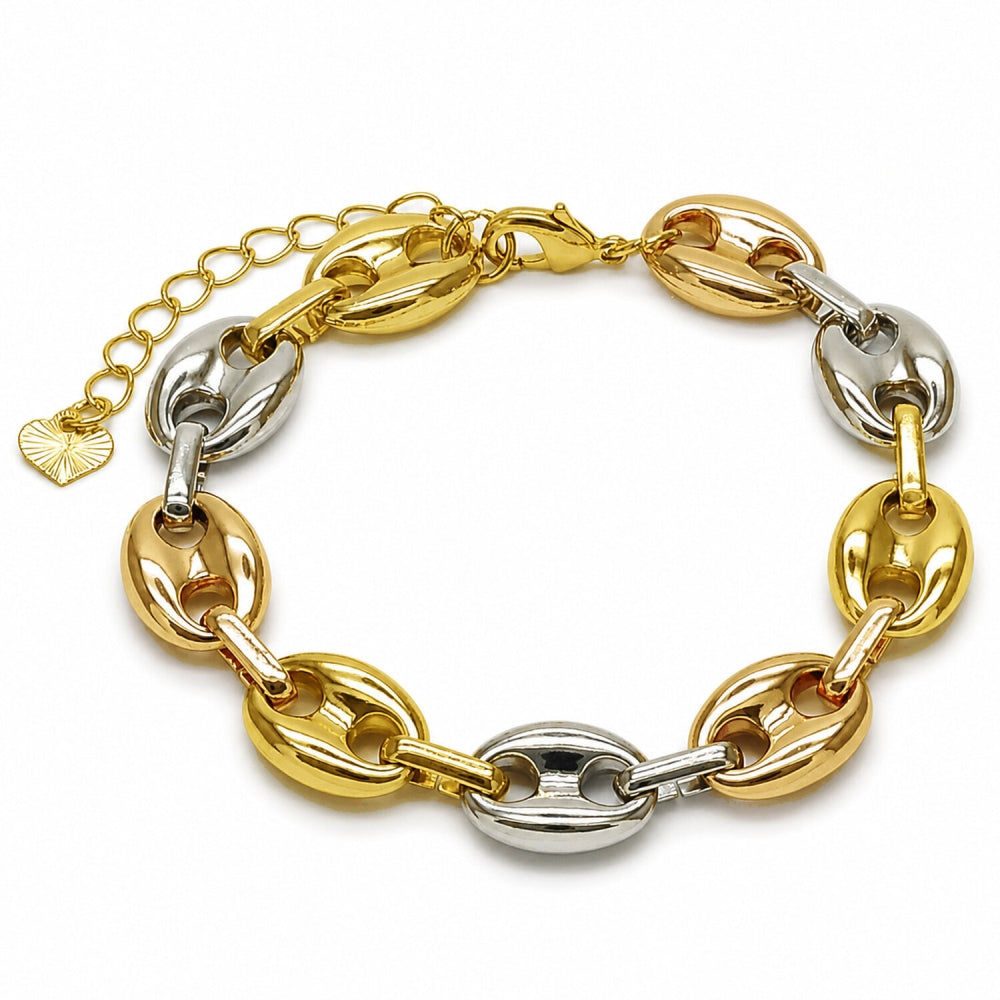 Oro Laminado Fancy Bracelet, Gold Filled Style Puff Mariner Design, Polished, Tricolor