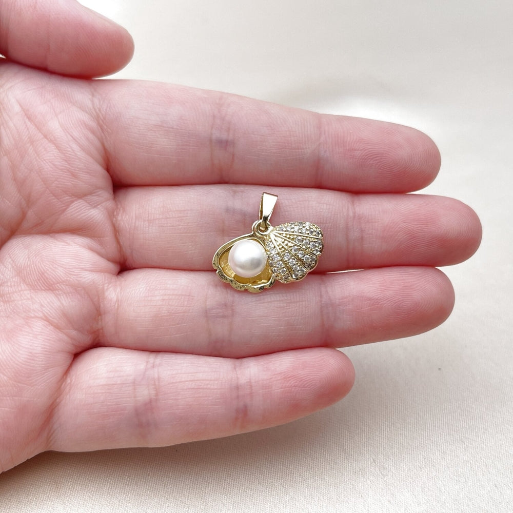 Oro Laminado Fancy Pendant, Gold Filled Style Shell and Ball Design, with White Micro Pave and Ivory Pearl, Polished, Golden Finish