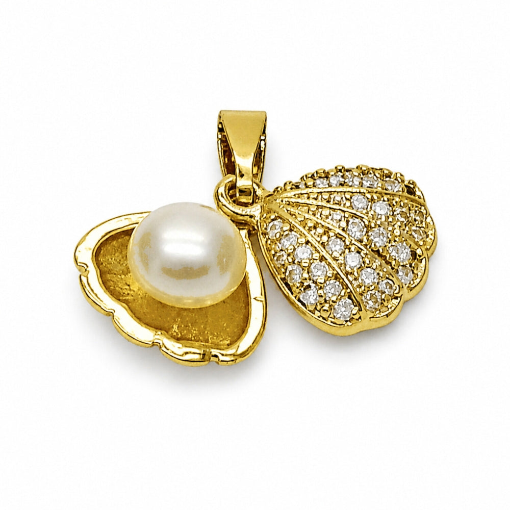 Oro Laminado Fancy Pendant, Gold Filled Style Shell and Ball Design, with White Micro Pave and Ivory Pearl, Polished, Golden Finish