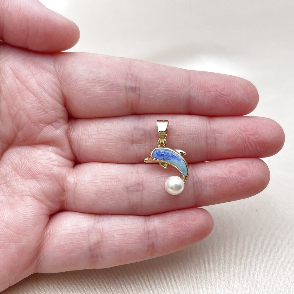 Oro Laminado Fancy Pendant, Gold Filled Style Dolphin Design, with Ivory Pearl, Azul claro Enamel Finish, Golden Finish