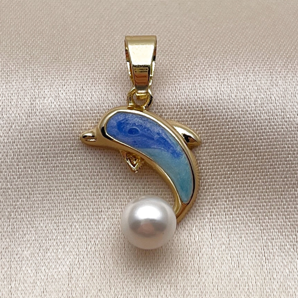 Oro Laminado Fancy Pendant, Gold Filled Style Dolphin Design, with Ivory Pearl, Azul claro Enamel Finish, Golden Finish