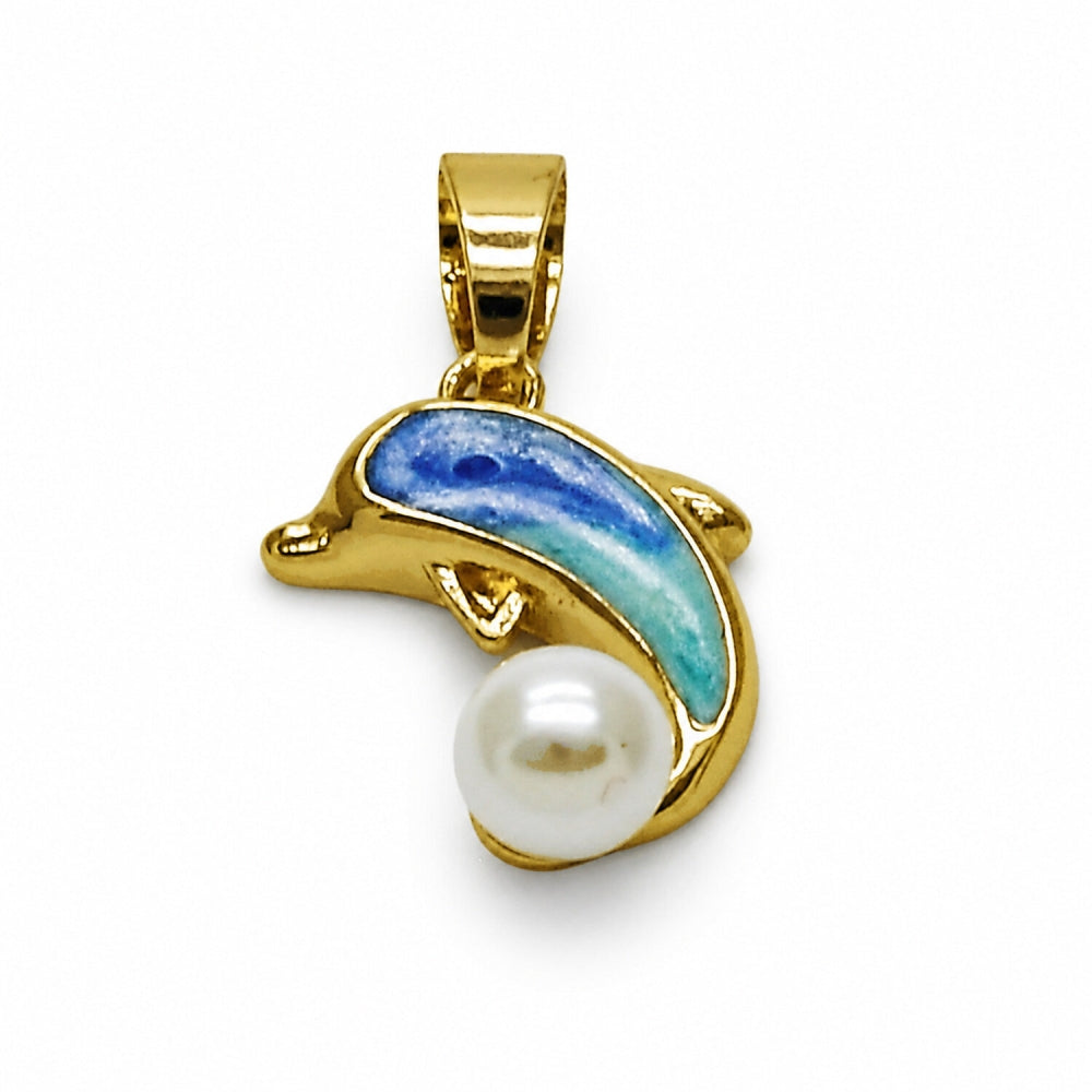 Oro Laminado Fancy Pendant, Gold Filled Style Dolphin Design, with Ivory Pearl, Azul claro Enamel Finish, Golden Finish