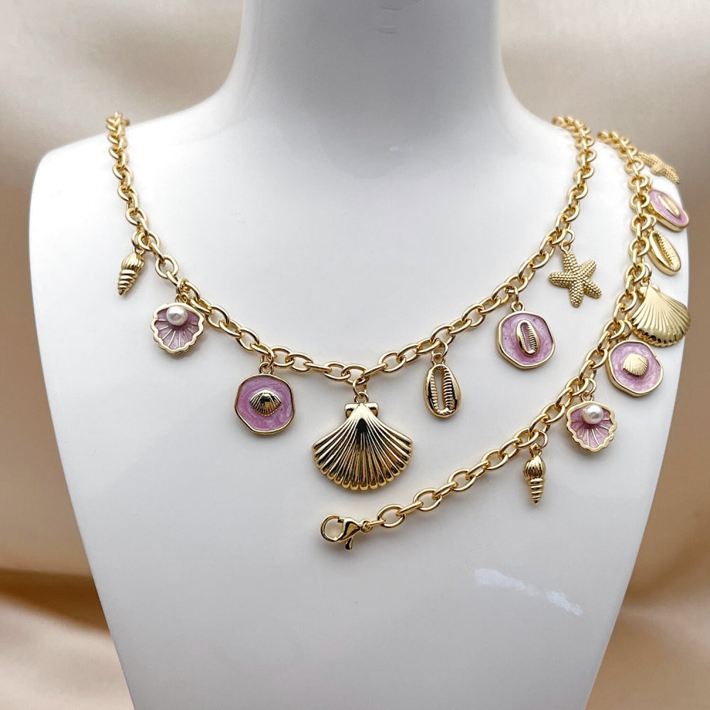 Oro Laminado Necklace and Bracelet, Gold Filled Style Shell and Fish Design, with Ivory Pearl, Dark Pink Enamel Finish, Golden Finish