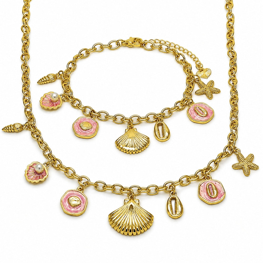 Oro Laminado Necklace and Bracelet, Gold Filled Style Shell and Fish Design, with Ivory Pearl, Dark Pink Enamel Finish, Golden Finish
