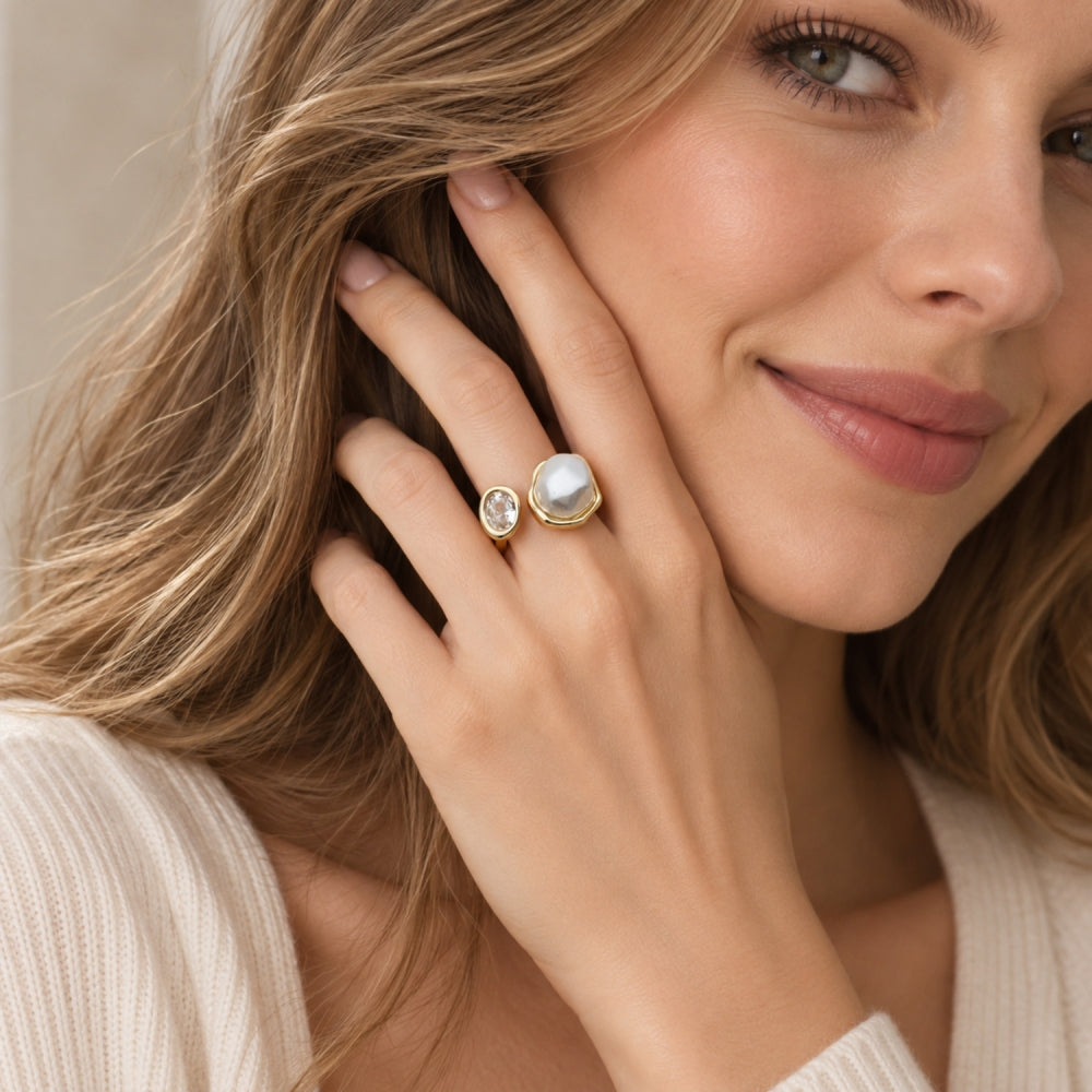Oro Laminado Multi Stone Ring, Gold Filled Style with White Cubic Zirconia and Ivory Pearl, Polished, Golden Finish