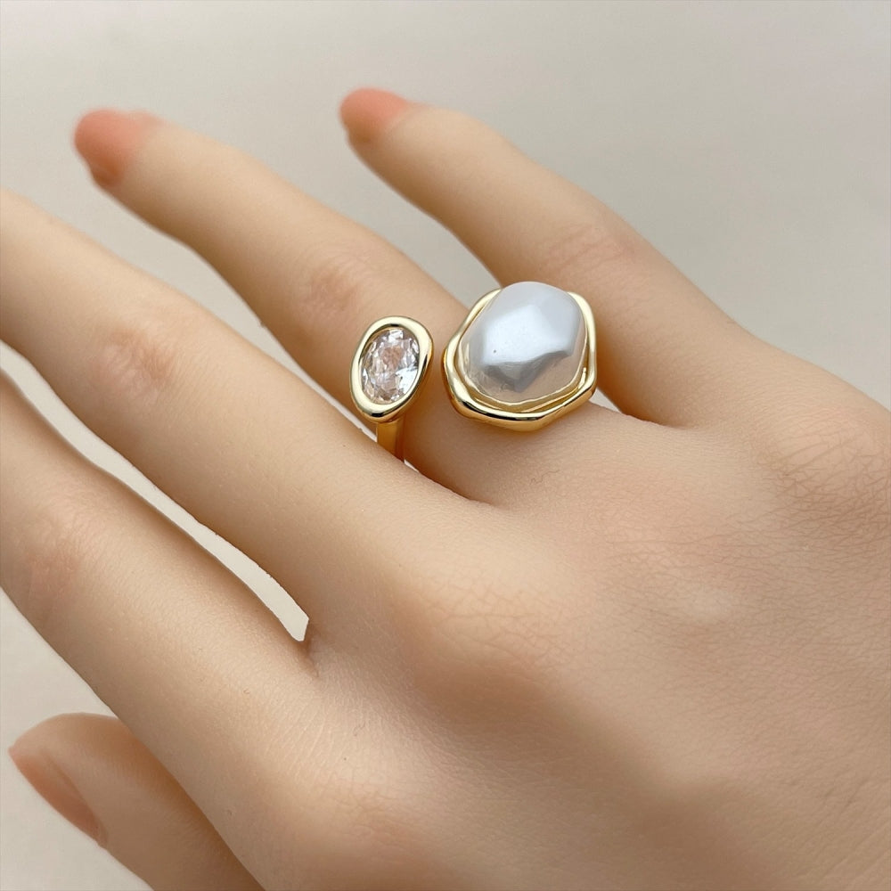 Oro Laminado Multi Stone Ring, Gold Filled Style with White Cubic Zirconia and Ivory Pearl, Polished, Golden Finish