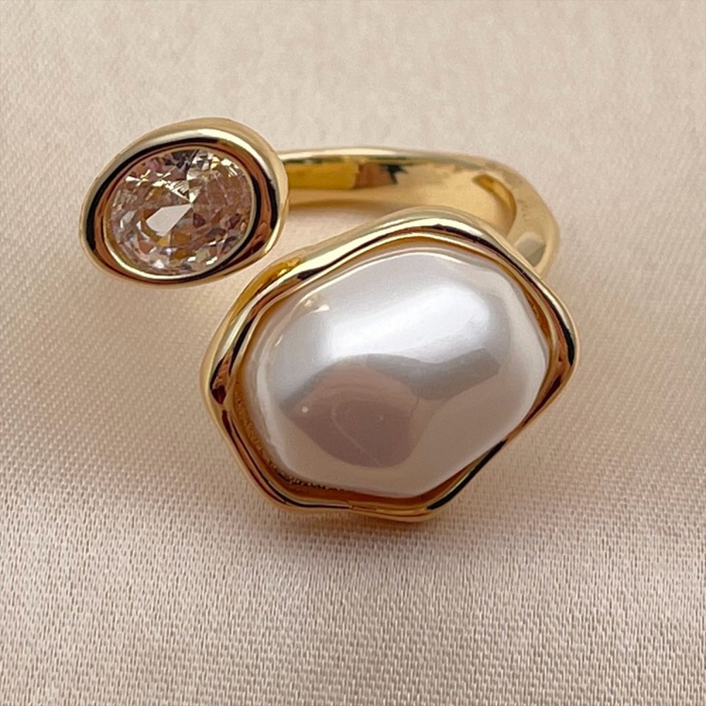 Oro Laminado Multi Stone Ring, Gold Filled Style with White Cubic Zirconia and Ivory Pearl, Polished, Golden Finish