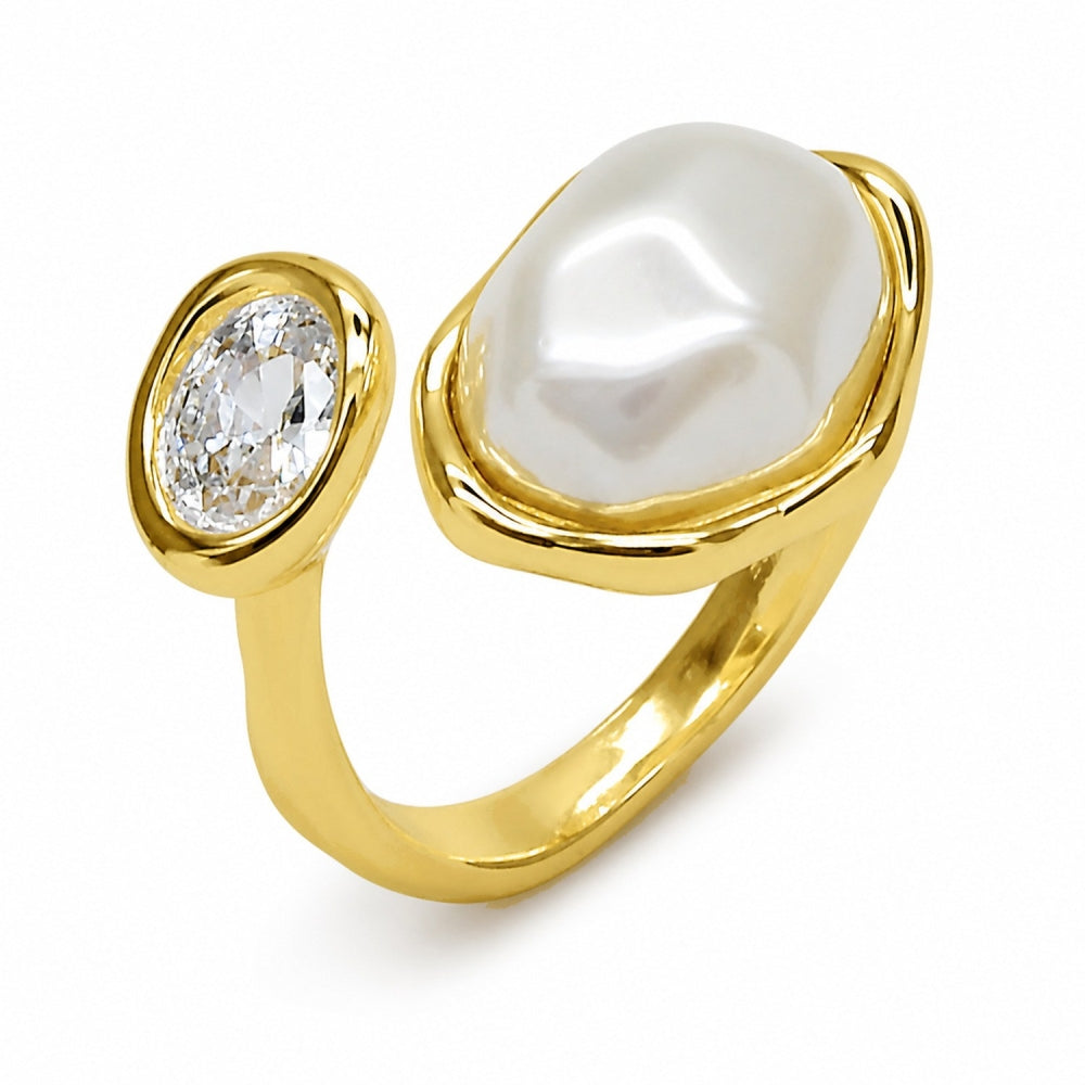 Oro Laminado Multi Stone Ring, Gold Filled Style with White Cubic Zirconia and Ivory Pearl, Polished, Golden Finish