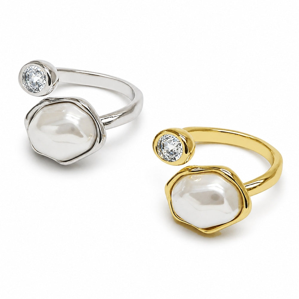 Oro Laminado Multi Stone Ring, Gold Filled Style with White Cubic Zirconia and Ivory Pearl, Polished, Golden Finish