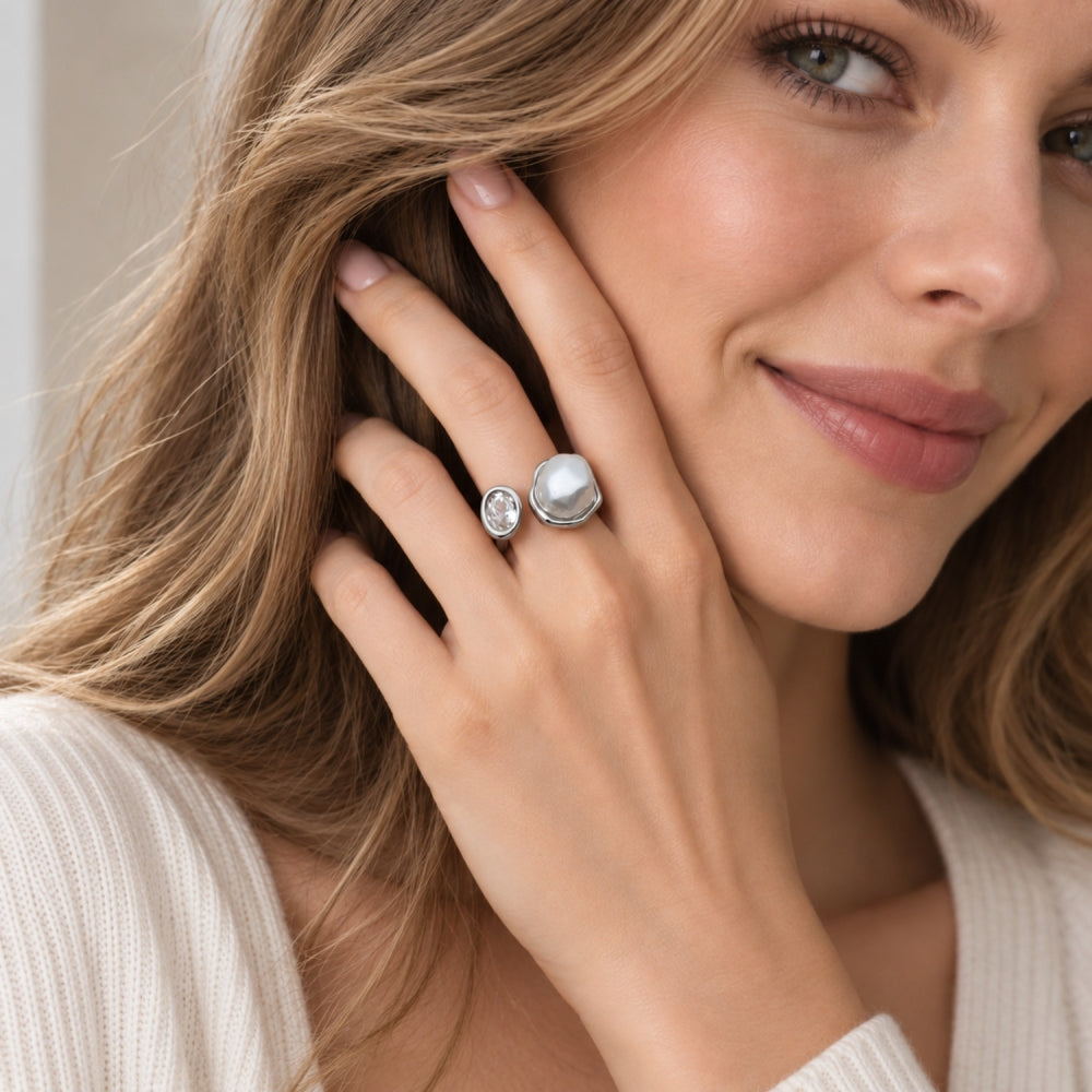 Rhodium Gold Filled Multi Stone Ring, with White Cubic Zirconia and Ivory Pearl, Polished, Rhodium Finish