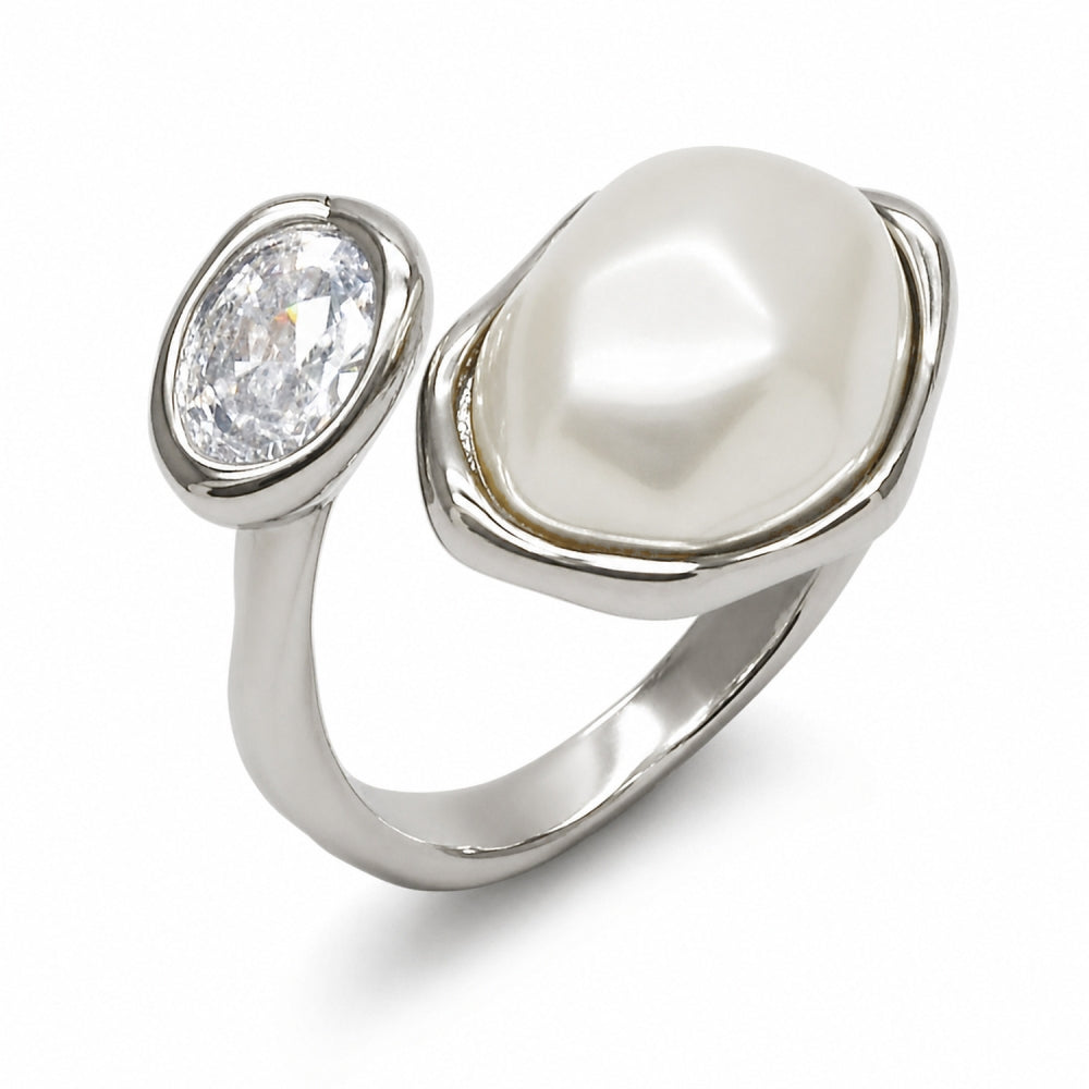 Rhodium Gold Filled Multi Stone Ring, with White Cubic Zirconia and Ivory Pearl, Polished, Rhodium Finish