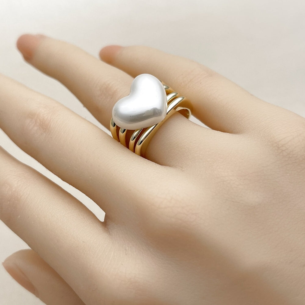 Oro Laminado Multi Stone Ring, Gold Filled Style Heart Design, with Ivory Pearl, Polished, Golden Finish