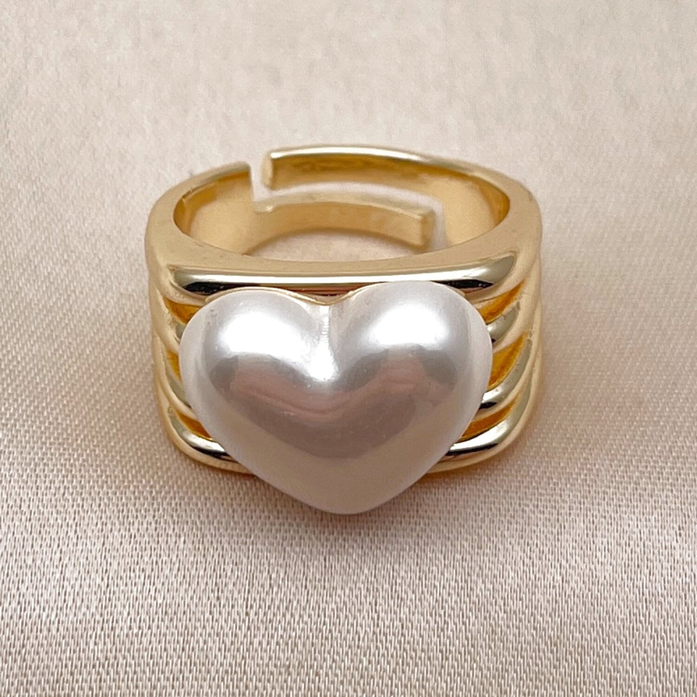 Oro Laminado Multi Stone Ring, Gold Filled Style Heart Design, with Ivory Pearl, Polished, Golden Finish