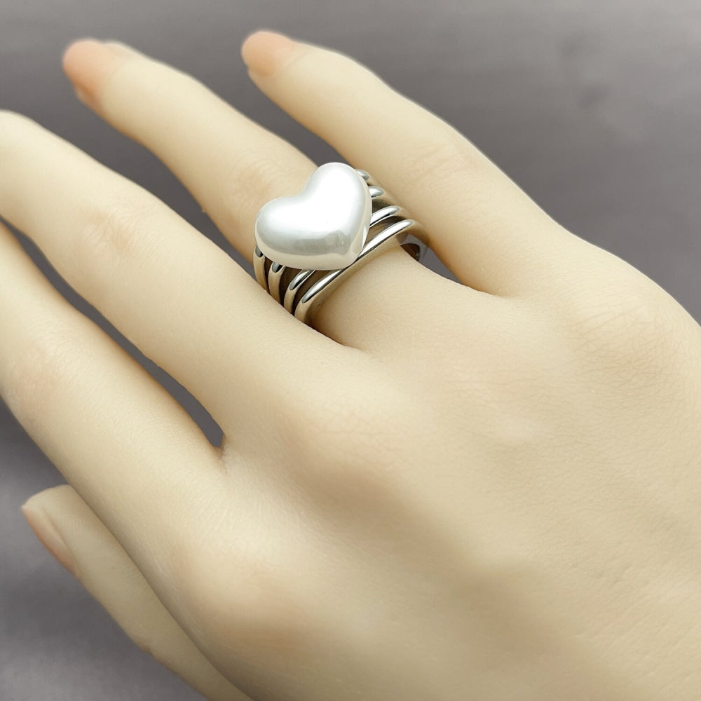 Rhodium Gold Filled Multi Stone Ring, Heart Design, with Ivory Pearl, Polished, Rhodium Finish