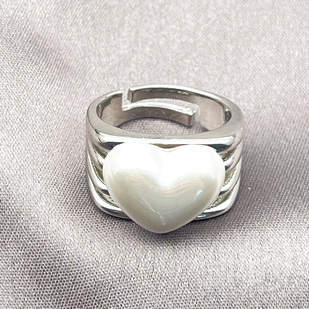 Rhodium Gold Filled Multi Stone Ring, Heart Design, with Ivory Pearl, Polished, Rhodium Finish