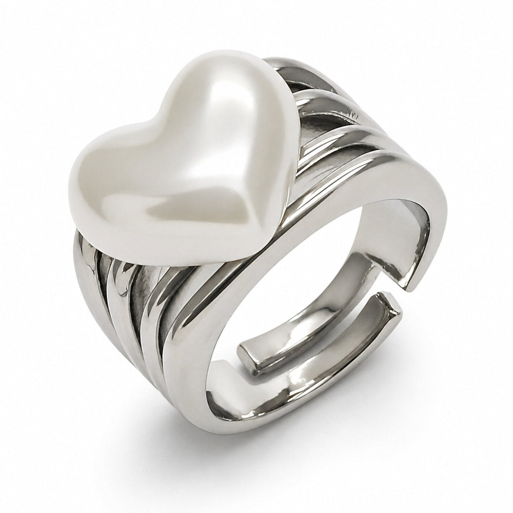 Rhodium Gold Filled Multi Stone Ring, Heart Design, with Ivory Pearl, Polished, Rhodium Finish