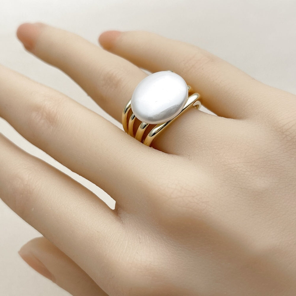 Oro Laminado Multi Stone Ring, Gold Filled Style with Ivory Pearl, Polished, Golden Finish
