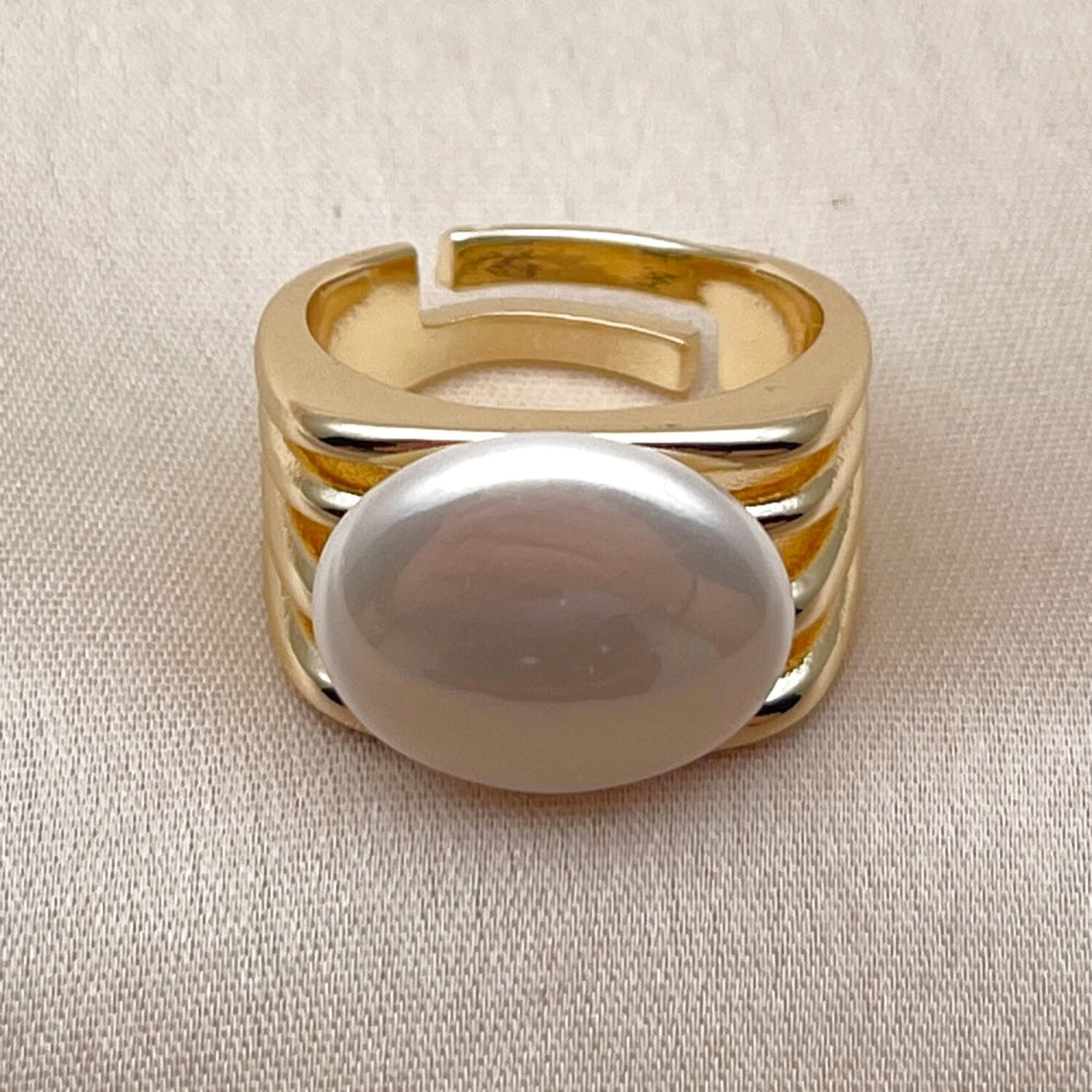 Oro Laminado Multi Stone Ring, Gold Filled Style with Ivory Pearl, Polished, Golden Finish