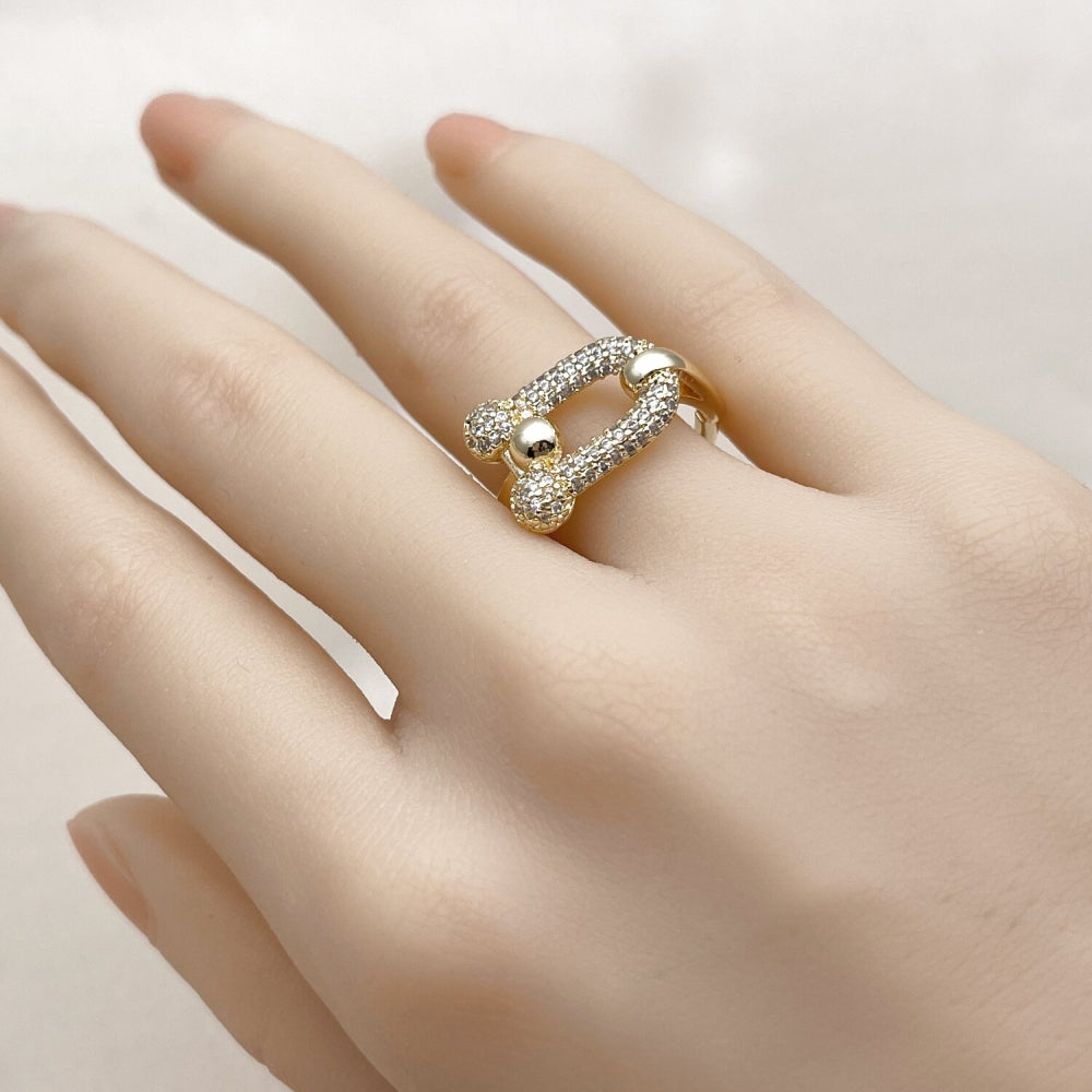 Oro Laminado Multi Stone Ring, Gold Filled Style Oval Bar Design, with White Micro Pave, Polished, Golden Finish