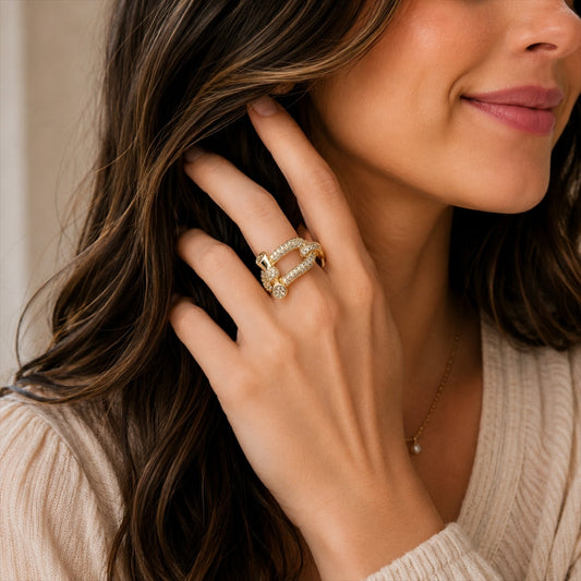 Oro Laminado Multi Stone Ring, Gold Filled Style with White Micro Pave, Polished, Golden Finish