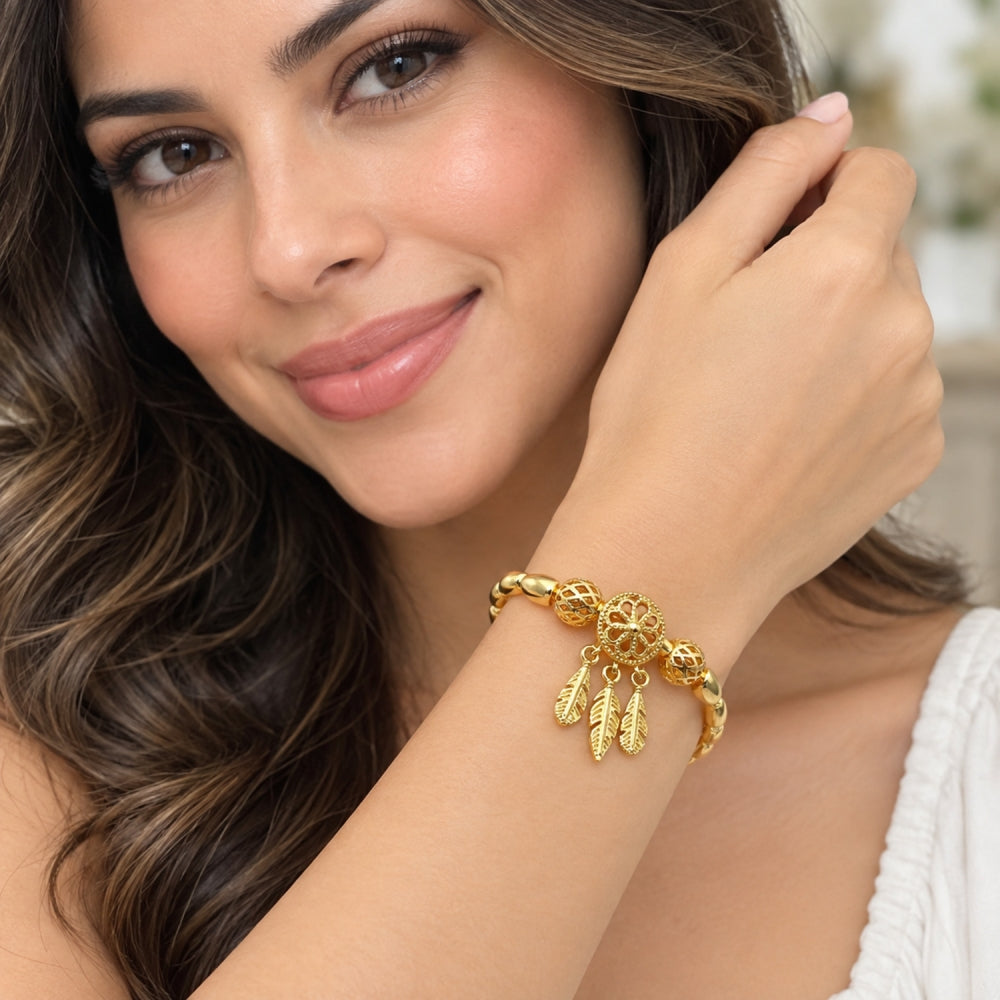 Oro Laminado Individual Bangle, Gold Filled Style Leaf Design, Polished, Golden Finish