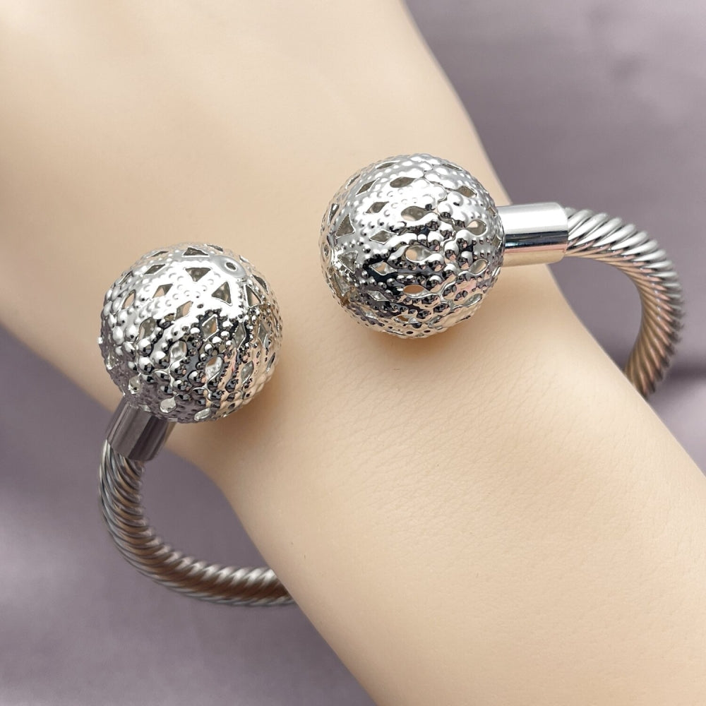Rhodium Gold Filled Individual Bangle, Ball and Twist Design, Polished, Rhodium Finish