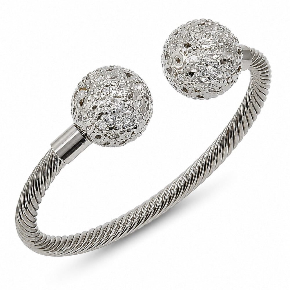 Rhodium Gold Filled Individual Bangle, Ball and Twist Design, Polished, Rhodium Finish