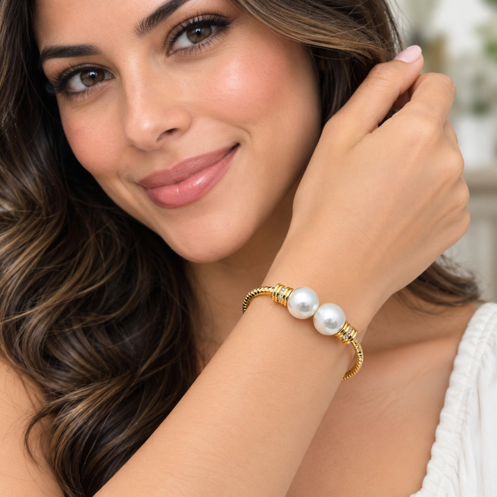 Oro Laminado Individual Bangle, Gold Filled Style Ball Design, with Ivory Pearl and White Micro Pave, Diamond Cutting Finish, Golden Finish