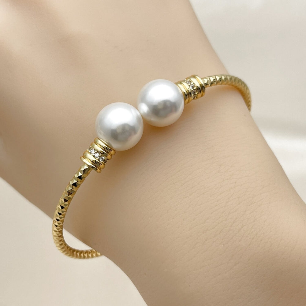 Oro Laminado Individual Bangle, Gold Filled Style Ball Design, with Ivory Pearl and White Micro Pave, Diamond Cutting Finish, Golden Finish