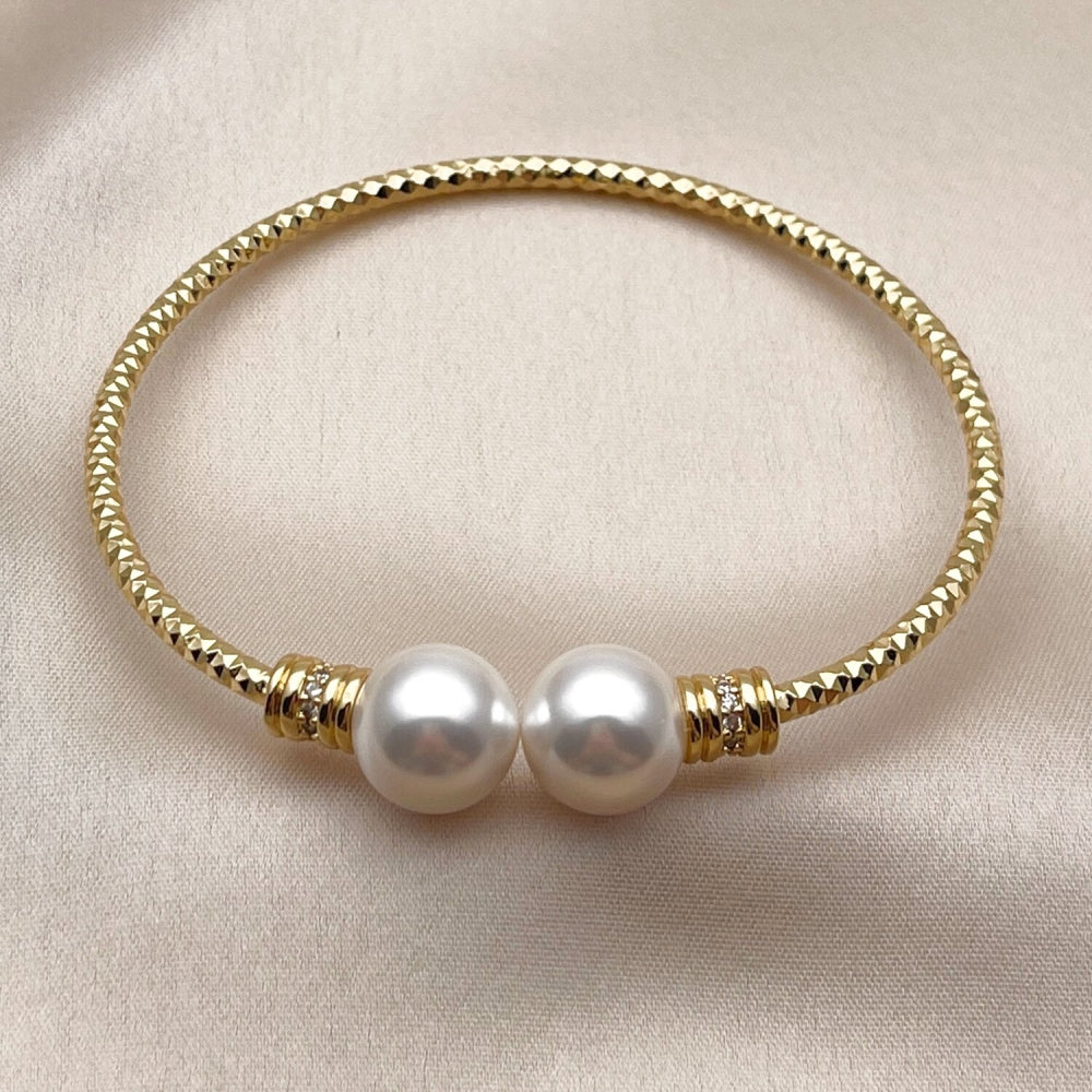 Oro Laminado Individual Bangle, Gold Filled Style Ball Design, with Ivory Pearl and White Micro Pave, Diamond Cutting Finish, Golden Finish