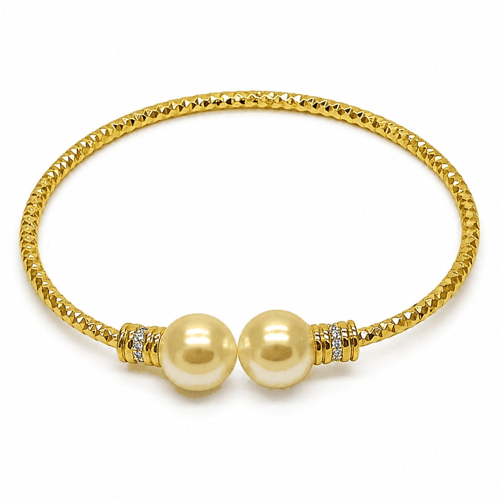 Oro Laminado Individual Bangle, Gold Filled Style Ball Design, with Ivory Pearl and White Micro Pave, Diamond Cutting Finish, Golden Finish